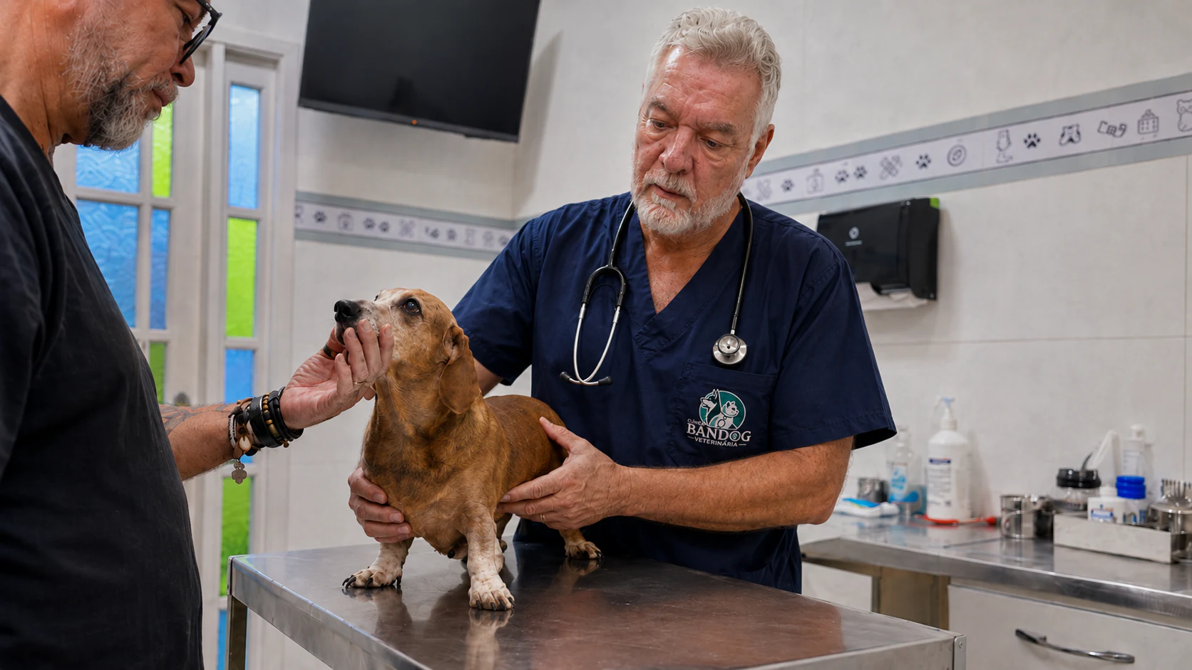Veterinário da Clínica BanDog examinando um cão no consultório